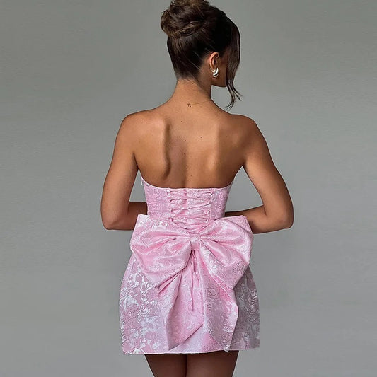 Fashionable Chic Sexy Solid-Color Jacquard Tube Dress With Bow Accent