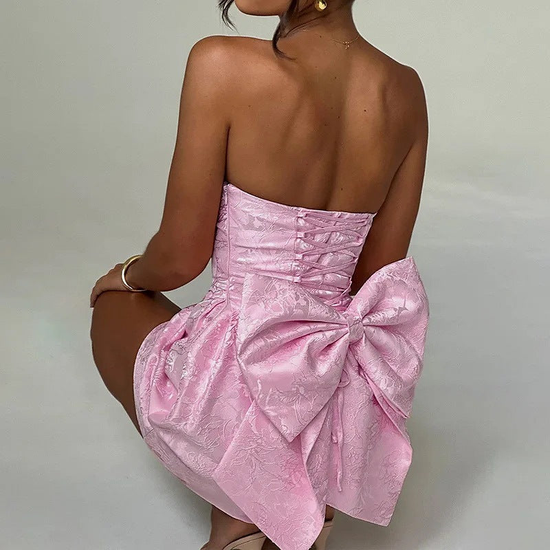 Fashionable Chic Sexy Solid-Color Jacquard Tube Dress With Bow Accent