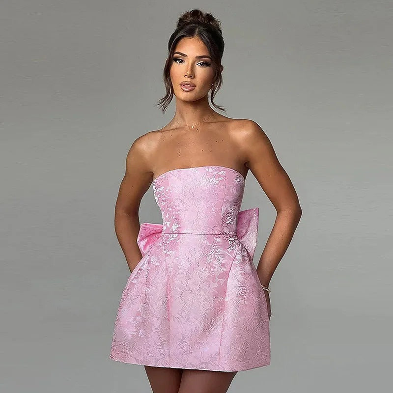 Fashionable Chic Sexy Solid-Color Jacquard Tube Dress With Bow Accent